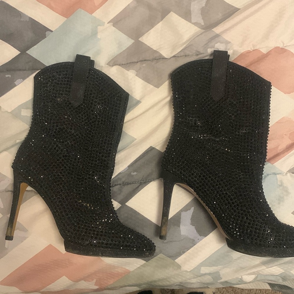 Black rhinestones heeled boots women’s 7.5